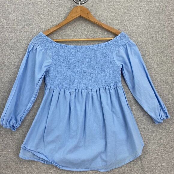 No Boundaries Blouse Womens Large Blue Smocked Empire 3/4 Sleeve Ruched - Picture 3 of 10